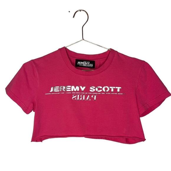 Designer Jeremy Scott graphic logo women's pink upcycled crop t-shirt - Picture 1 of 2